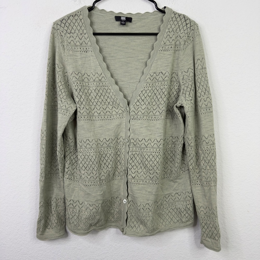 Frye Cardigan Women L Green Knit Scalloped Hem Romantic Boho Coastal Cottagecore